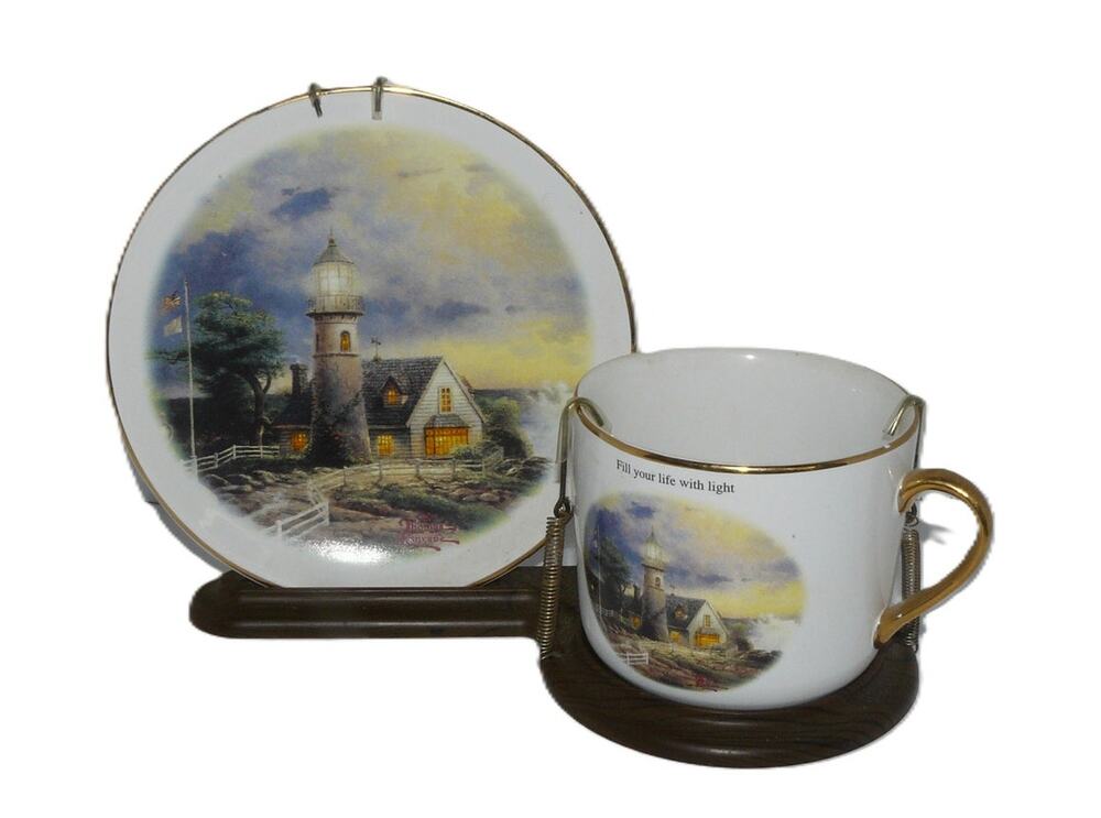 Vintage Thomas Kinkade Lighthouse Cup And Saucer Set With Faux Wood Stand